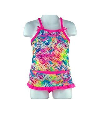 Laguna Girls Multicolor Tiered Tankini Swimsuit Size 5 Neon Chevron Print Adjust